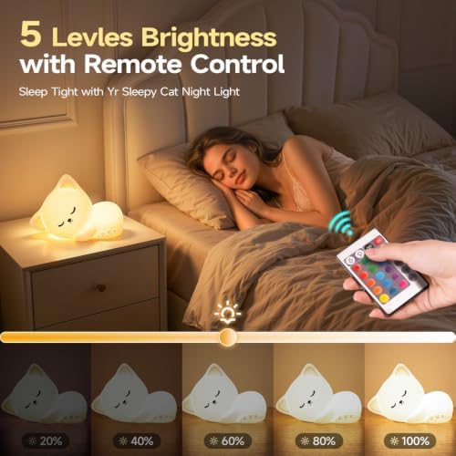 Mubarek Sleepy Cute Cat Gifts - 16-Color Silicone Night Light with Remote