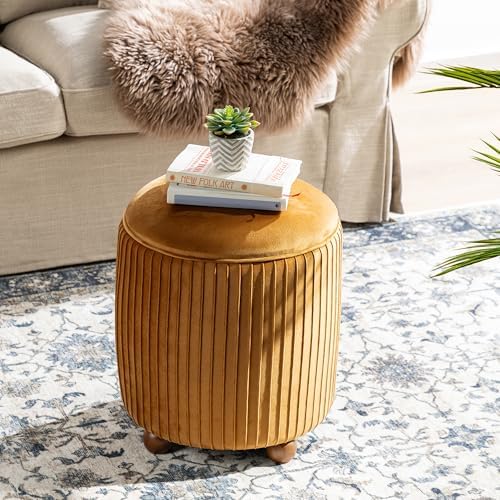 Glitzhome Round Ottoman with Storage, Pleated Velvet Small Foot Stool, Modern Accent Stool Upholstered Vanity Stool with Rubberwood Ball Feet for Bedroom Living Room Dorm Room, Brown