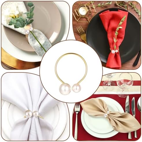 Set of 42 Pearl Napkin Rings, Gold Napkin Ring Holders with Faux Peals
