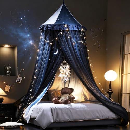 Kertnic Princess Bed Canopy for Girls, Double Layer Round Bed Mosquito Net, 31.5" Large Dome Moon Pattern Printed Bed Canopy, Sleeping & Reading Nook Curtain for Boys Girls (Night Sky)