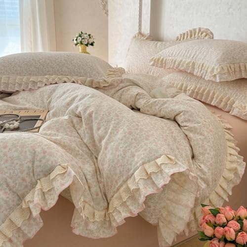 Floral Duvet Cover Set Muslin Cotton Queen(90"x90"),Pink Flower