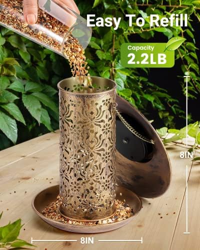 SWEETFULL Solar Bird Feeder for Outdoors Hanging, Metal Wild Bird Feeder for Cardinals Solar Garden Lantern with S Hook as Gift Ideas for Bird Lovers (2LBs Heavy Duty Weather Resistance birdfeeders)
