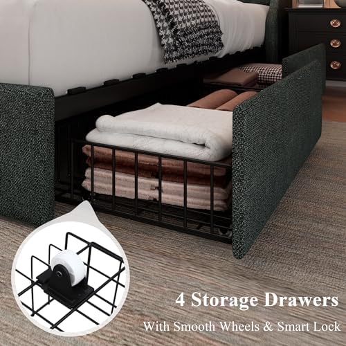 Feonase Queen Bed Frame with 4 Storage Drawers, Upholstered Storage Bed with Charging Station, Tufted Wingback Headboard, No Box Spring Needed, Dark Grey