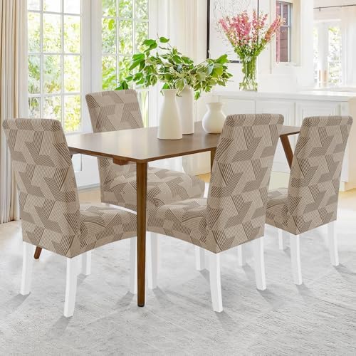 JIVINER Stretch Dining Chair Slipcovers Set of 2, Geometrical Jacquard Dining Chair Covers, Washable Kitchen Chair Covers for Dining Room, Hotel, Party, Khaki