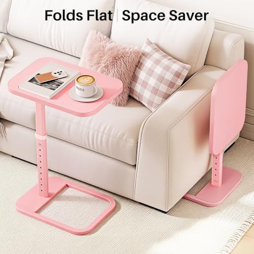 Kitstorack TV Tray Table, Adjustable Height & Rounded Metal Corners, Snack Table for Couch, Sofa, Bed, Chair, Living Room, C Shaped End Side Table for Eating, Dinner or Laptop, Small Spaces, Pink