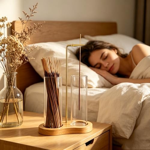 Glass Natural Incense Holder,Warm Minimalism Incense Sticks Burner Holder with Storage,Hang Upside Down Incense Holder for Sticks with Glass Ash Catcher for Meditation Yoga Room (Natural)
