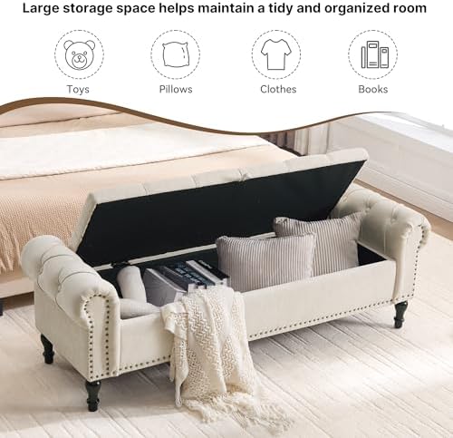 Storage Bed Bench for Bedroom, Chenille 67" End of Bed King Size Benches with Armrest, Tufted Button Upholstered Ottoman Bench for Living Room, Entryway, Camel