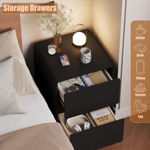 BOSHIRO 16″Narrow Nightstand Slim Bedside Tables Set of 2, Black