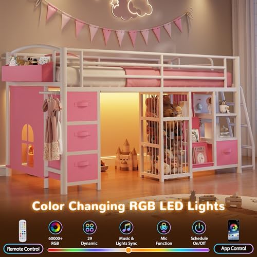Twin Low Loft Bed, Kids Loft Bed, Storage Drawers, LED Lights, Pink White