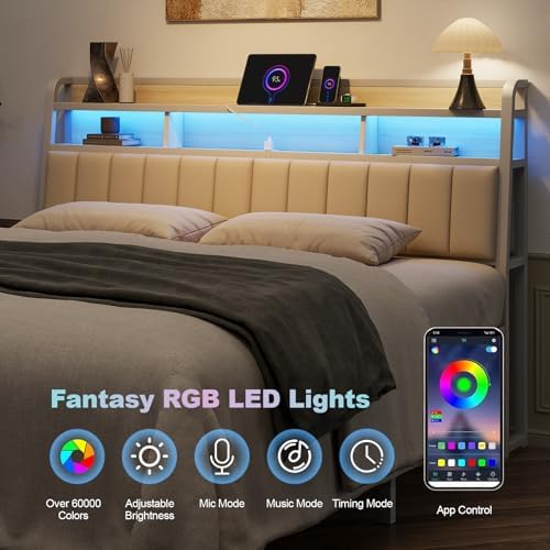 King Headboard Only with Storage, Charging Station, Off White