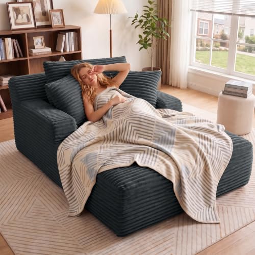 66" Chaise Lounge Chair Indoor, Corduroy Upholstered Reading Chair Oversized Boneless Chair with Deep Seat, Cloud Lounge Chair with 3 Pillows for Living Room, Bedroom, No Assembly Required