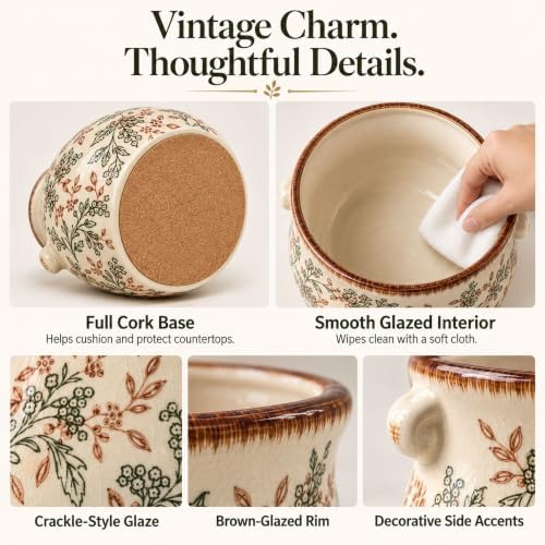 Vintage Ceramic Utensil Holder, Cream Floral Crock for Kitchen Counter