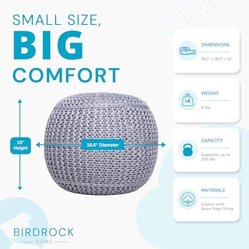 BIRDROCK HOME Round Pouf Foot Stool Ottoman - Knit Bean Bag Floor Chair - Cotton Braided Cord - Great for The Living Room, Bedroom and Kids Room - Small Furniture (Soft Silver)