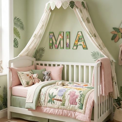 3D Layered Safari Nursery Wooden Letters for Wall Decor, 11.8" Green Large Baby Name Sign for Nursery, Animal Wood Alphabet Letter H Kids Room Initials for Front Door Shelf Home Decorations