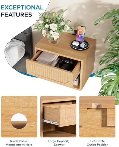 Wooden Fluted Floating Nightstand Set of 2, Wall Mounted w/Drawer & Shelf, Waterproof & Scratch-Resistant, Metal Glide, Compact for Small Spaces (15.8”W x 12.6”D x 11.9”H, Natural Wood)