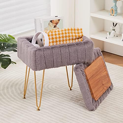 Wimarsbon Faux Mink Fur Storage Ottoman, Modern Soft Footstool, Storage Bench with Metal Legs, Vanity Seat, Fur Stool, Ottoman Coffee Table, Makeup Chair, Vanity Stools for Bedroom (Grey)