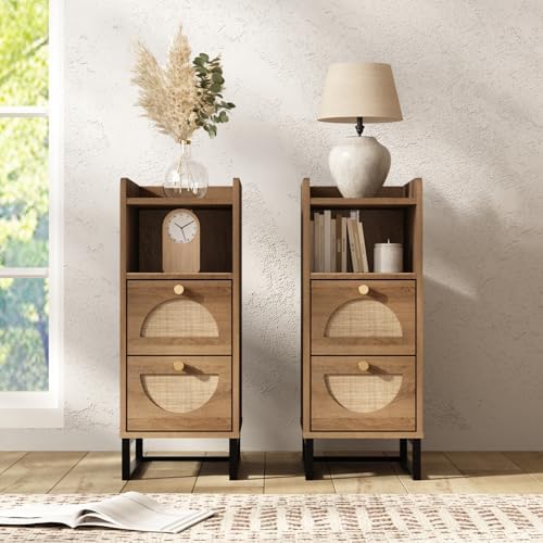 Narrow Nightstand for Small Spaces - 9.3" Slim Side Table with Rattan-Weave Drawers, Skinny Bedside Table with Open Shelf, Rustic Tall Thin Gap Filler for Bedroom, Caramel Oak, Set of 2