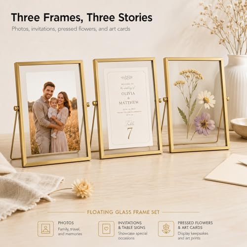 AceList Floating Picture Frame, 3 Pack 8x10 Gold Double Glass
