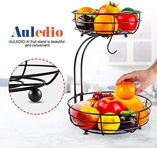 Auledio Iron 2-Tier Countertop Fruit Vegetables Basket Bowl Storage With Banana Hanger, Black, 64 ounces