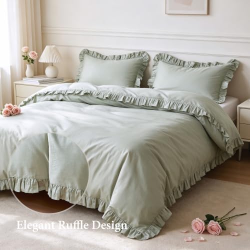 Simple&Opulence Kids 100% Organic Cotton Duvet Cover with Ruffle 104 x 92-3 PCS High End Floral Frill Lace Bedding, Romantic Cottagecore Style Comforter Cover with 2 Pillowcases, Sage Green, King