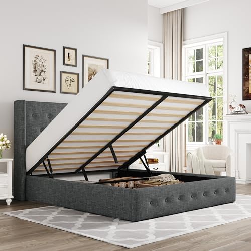 Allewie Queen Size Lift Up Storage Button-Tufted Bed Frame Dark Grey
