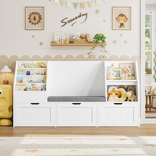 FOTOSOK Kids Bookshelf with Reading Nook, Toy Storage with Seat Cushion