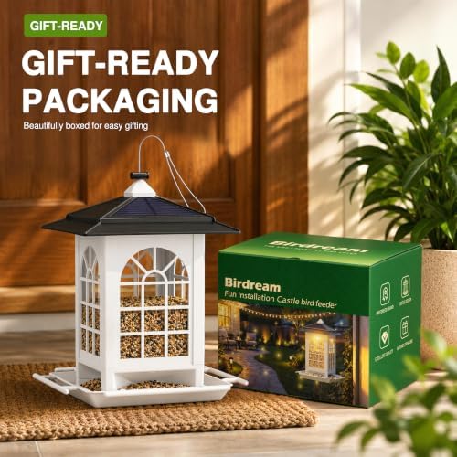 Birdream 2 Pack Solar Bird Feeders for Outdoors, Hanging Solar Wild Bird Seed, Assembly Required, 1-Min Easy Setup, Classic Courtyard Design, Attracting Cardinals Chickadees Sparrows, Total 7 LB