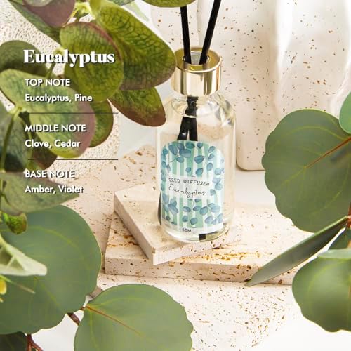 Reed Diffuser of 3 Pack, Linen Eucalyptus Jasmine Oil Diffuser Set with 15 Sticks, Bathroom Air Freshener, Aromatherapy Reed Diffusers for Home, Office, 1.7 Fl. Oz Each, Total 5.1 Fl. Oz