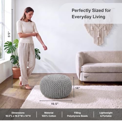 · REDEARTH · Round Pouf Ottoman - Hand Knitted Boho Poof Footrest - Gray