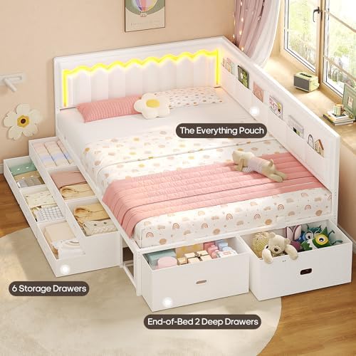 ADORNEVE Full Corner Bed Frame with 8 Storage Drawers and LED Lights, White