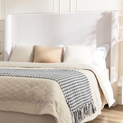 54" Tall Headboard Queen Upholstered Platform Bed Frame with Wingback, Modern Farmhouse Tufted Fabric Bed with Solid Wood Legs, No Box Spring Needed, Textured Ivory Canvas