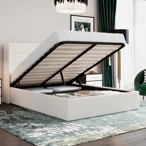 SHA CERLIN Queen Size Lift Up Hydraulic Storage Bed Frame White