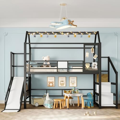 Bellemave Twin Size Metal House Loft Bed with Slide and Stairs,Heavy Duty Playhouse Loft Bed Frame with Storage Shelves for Kids,Teens,Adults,Black