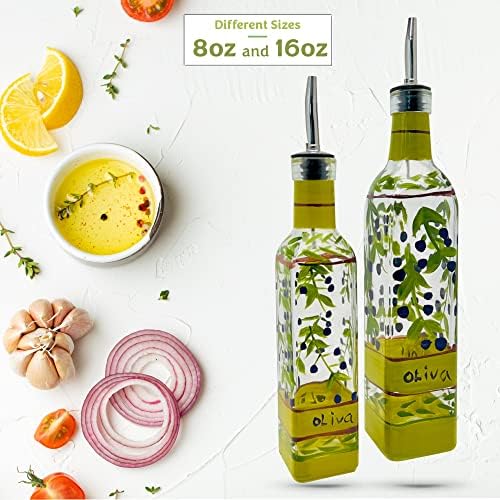Hand Painted Glass Oliva Branch Oil/Vinegar Glass Cruet for Kitchen, 8 oz Olive Oil Dispenser With Stainless Steel Spout for Easy Pouring