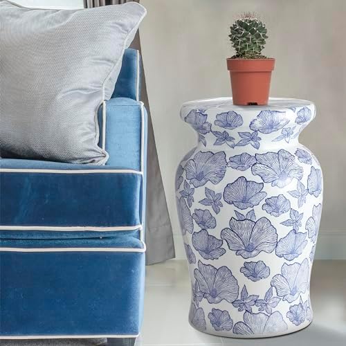 JONATHAN Y Poppies 17.75" Ceramic Drum Garden Stool Side Table, White/Blue