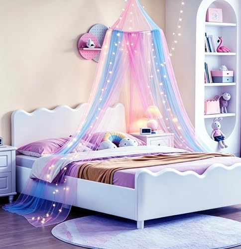 Rainbow Bed Canopy with Lights - Girls Room Bed Netting for Twin, Single, Full, Queen Size Beds - Reading Corners Room Décor
