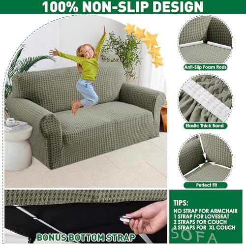MAXIJIN Stretch Extra Large Couch Cover Sofa Covers (91"-110" Oversized Sofa Slipcovers with Non-Slip Foam & Elastic Strap, Dog Cat Pet Friendly Furniture Protector (X-Large, Army Green)