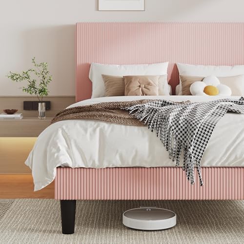 Allewie Queen Bed Frame, Corduroy Tufted Headboard, Light Pink