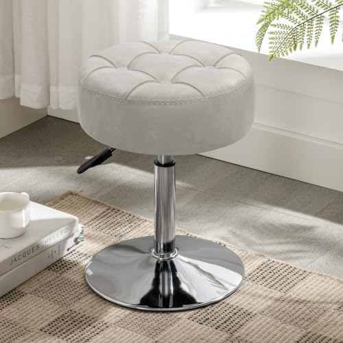 LUE BONA Adjustable Vanity Stool, 360°Swivel Vanity Chair Stool for Makeup Room, Light Greige Stool Chair for Vanity, Small Velvet Vanity Stool for Bathroom, Living Room