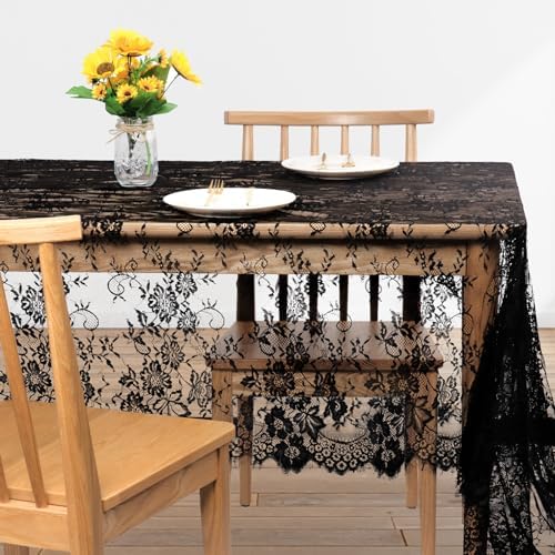 Fowecelt Black Lace Tablecloth 60 × 120 Inch for Rustic Boho Wedding Bridal Shower Party Decoration, Classy Rectangle Overlay Long Vintage Embroidered Reception Table Cloth Decor
