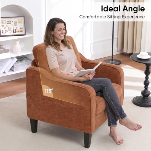 Accent Chair for Living Room, Mid Century Modern Reading Chair for Bedroom, Upholstered Armchair with Side Pockets, Comfy Single Sofa Side Chair for Office, Apartment, Small Room, Orange