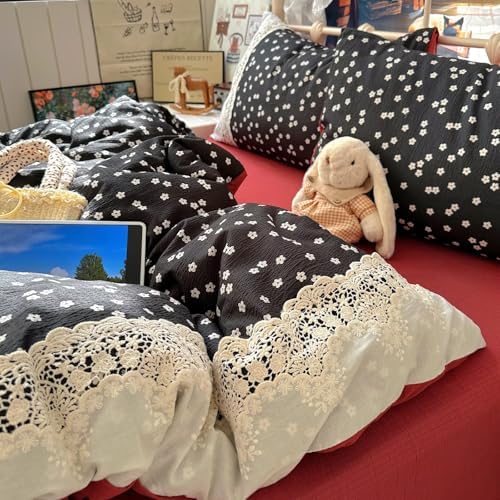 Twin Size Duvet Cover Set 3 Pcs,Vintage Navy Ruffled Bedding 68"×86"
