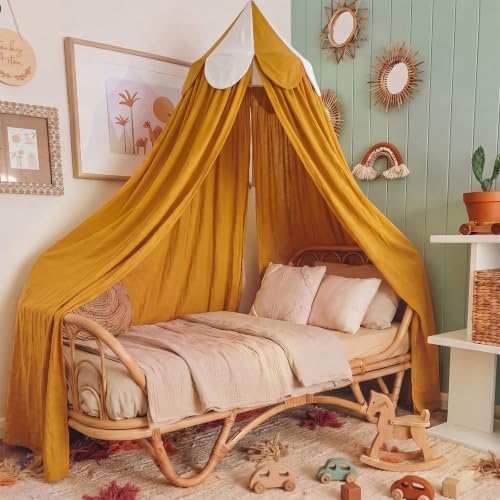 Bed Canopy with Scalloped Edge, 2 Panel Striped, Camel