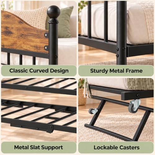 Daybed with Trundle, Metal Twin Size Day Bed with Stylish Headboard, Sofa BedFrame with Pop Up Foldable Trundle Bed, Heavy Duty Steel Slats Platform for Living Room, Bedroom and Guest Room, Brown