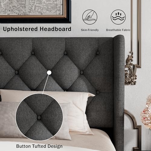 GalnFu Queen Size Bed Frame with Button Tufted Headboard, Upholstered Platform Bed Frame with UnderBed Storage, Wooden Slats Supports, Noise Free, No Box Spring Needed, Easy Assembly, Dark Grey