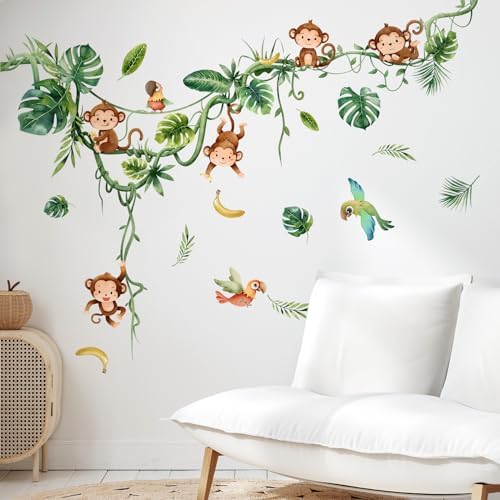 Monkey Climbing Tree Wall Decals Jungle Leaves Birds Wall Stickers