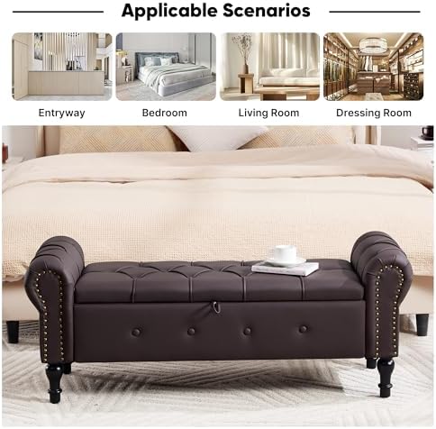 Storage Bench 51" Faux Leather End of Bed Benches Dark Brown