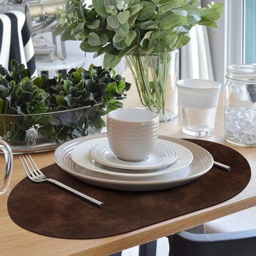 ADRIMER Oval Placemats Set of 12, Wipeable Faux Leather, Coffee
