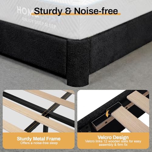 WEUP Queen Size Boucle Bed Frame, Upholstered Cloud Bed Frame with Adjustable Headboard, Soft Rounded Corners, No Box Spring Required, Easy Assembly, Black