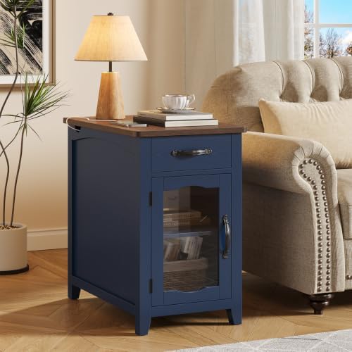 ONBRILL Rustic End Table with Charging Station, Narrow Side Table, Blue